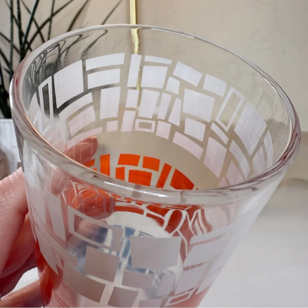 Vintage Mid Century Abstract Shapes Orange Blue White Tumbler Drinking Glass